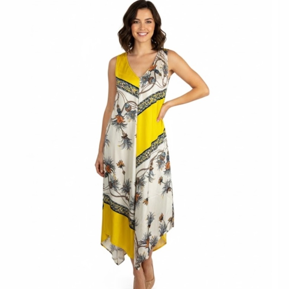 Zara Yellow Print Handkerchief Hem Midi Slip Dress Size Medium